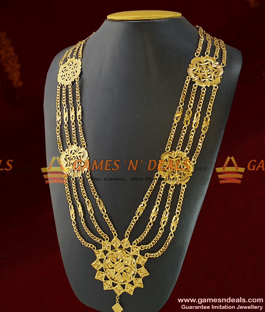 ARRG189 Traditional Gold Plated Four Line Governor Maalai Flower Design Aaram